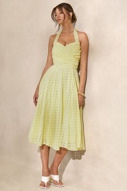 Naz | Lemon Broderie Halter-Neck Midi Dress