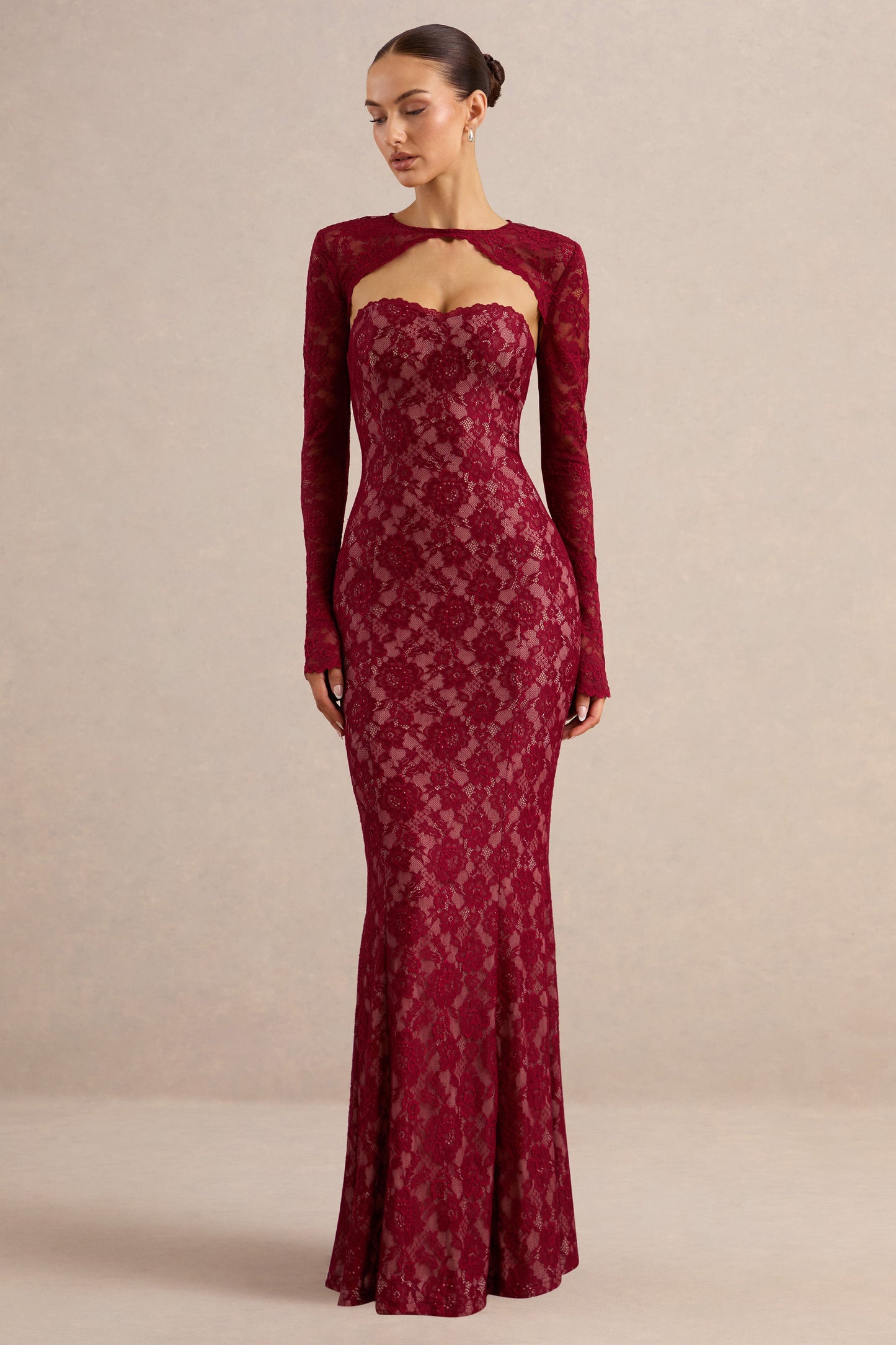 Mirellia | Dark Red Lace Sweetheart-Neck Maxi Dress