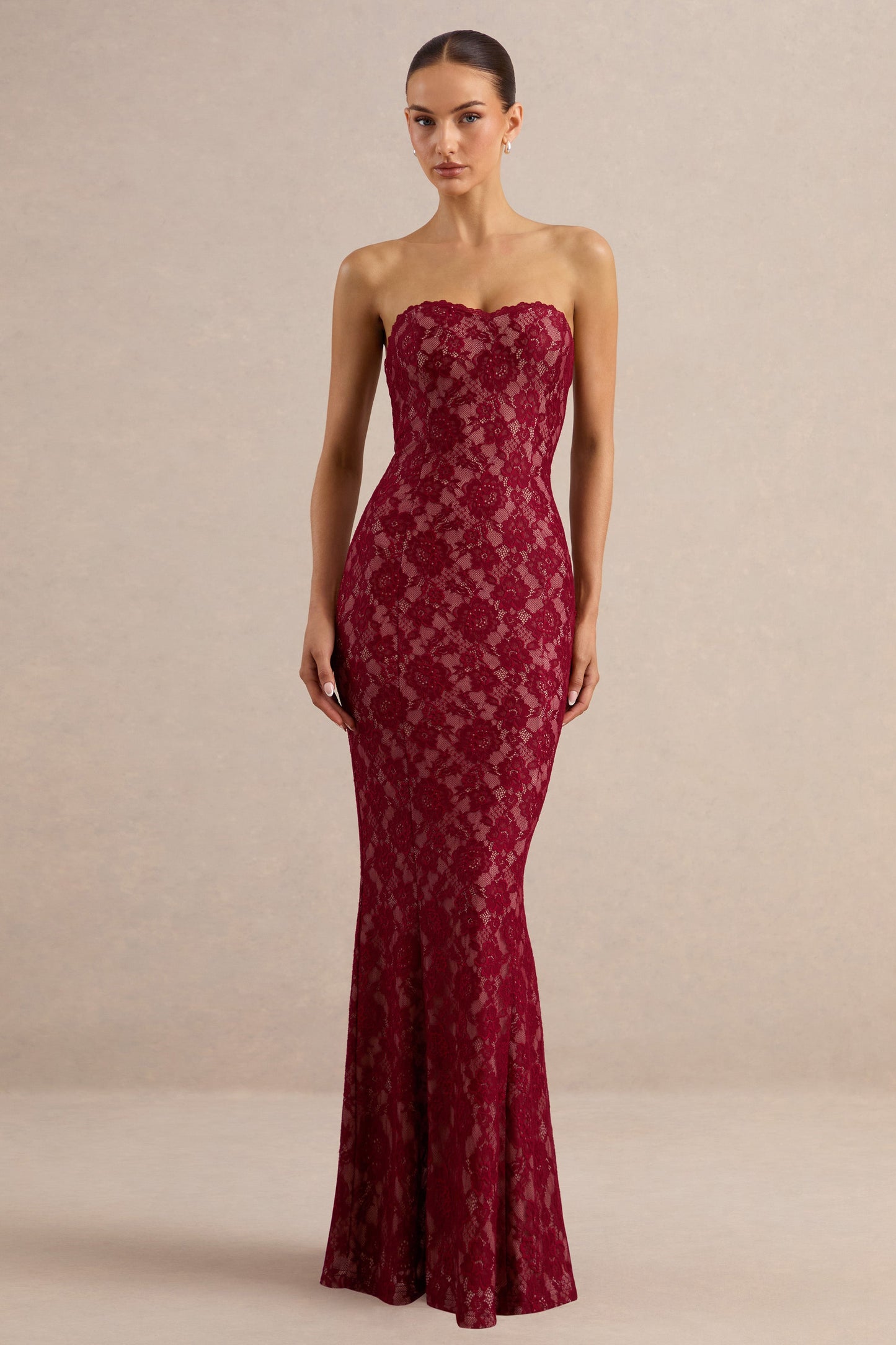 Mirellia | Dark Red Lace Sweetheart-Neck Maxi Dress