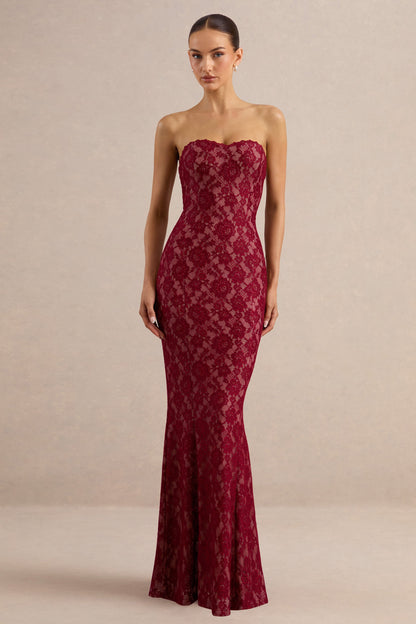 Mirellia | Dark Red Lace Sweetheart-Neck Maxi Dress