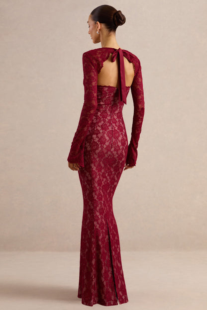 Mirellia | Dark Red Lace Sweetheart-Neck Maxi Dress