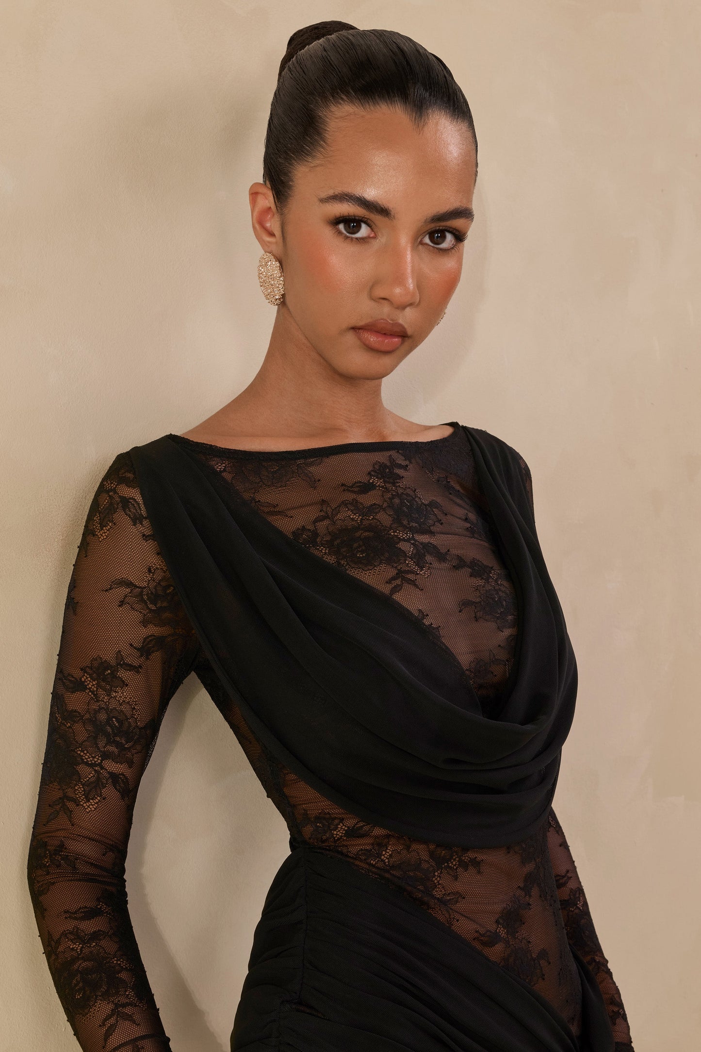 Olaria | Black Lace Bardot-Neck Mini Dress With Gathered-Detailing