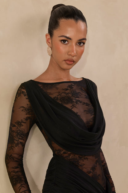 Olaria | Black Lace Bardot-Neck Mini Dress With Gathered-Detailing