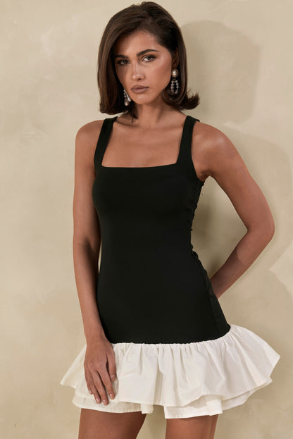 Isaline | Black & White Square-Neck Ruffled Mini Dress