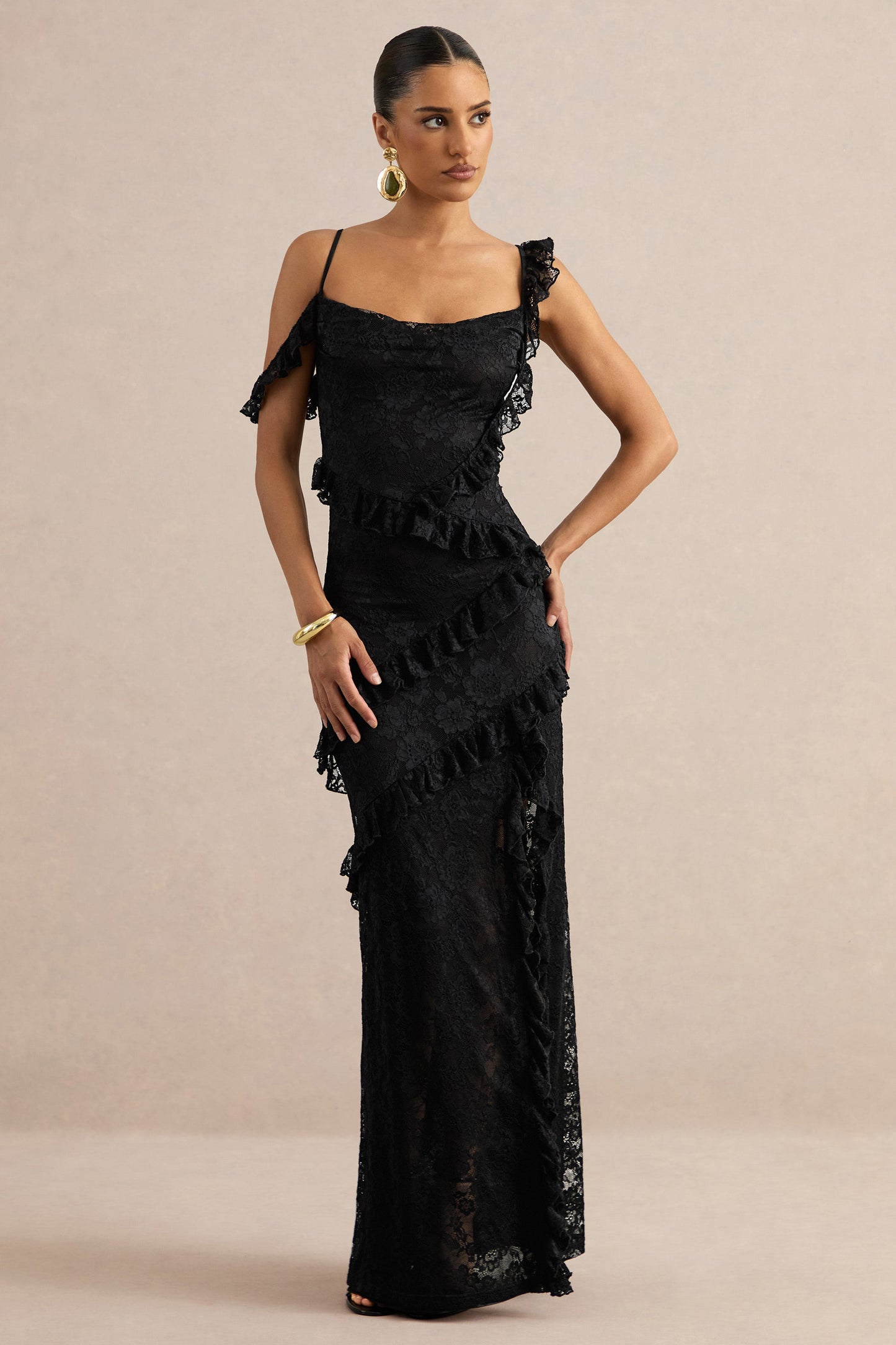 Sera | Black Lace Ruffle Trim Maxi Dress