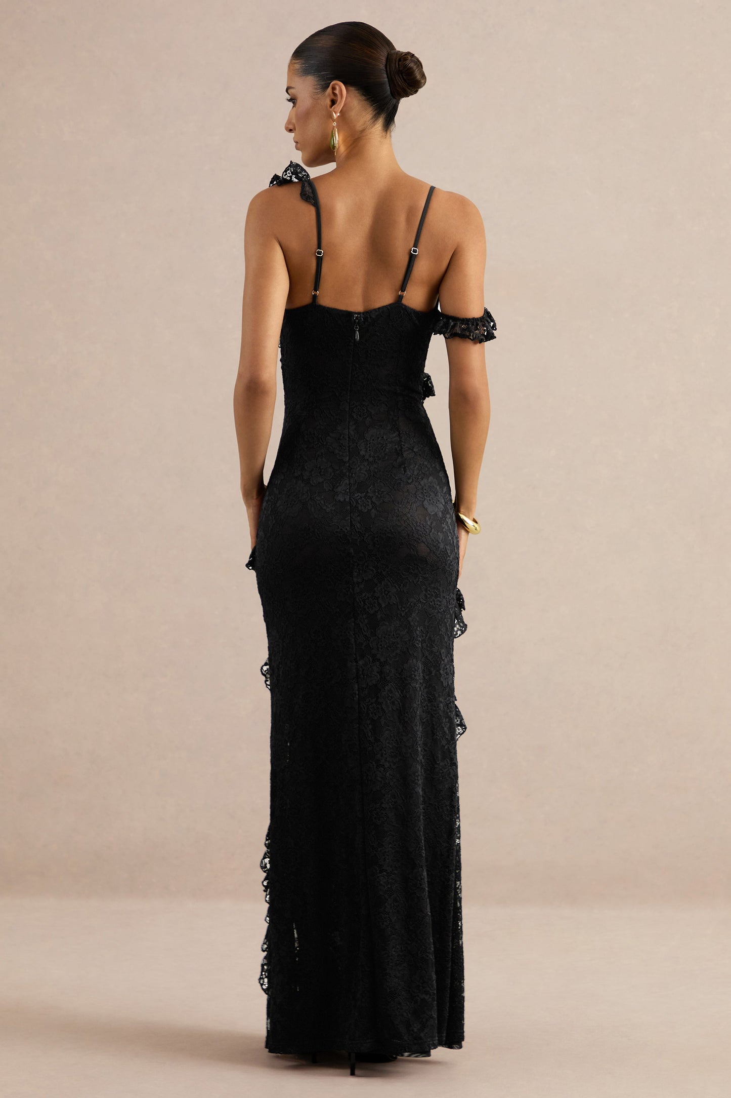 Sera | Black Lace Ruffle Trim Maxi Dress