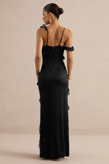 Sera | Black Lace Ruffle Trim Maxi Dress
