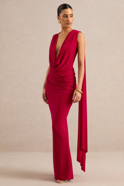 Aralyn | Red Plunge Cowl-Neck Maxi Dress With Sash Detail