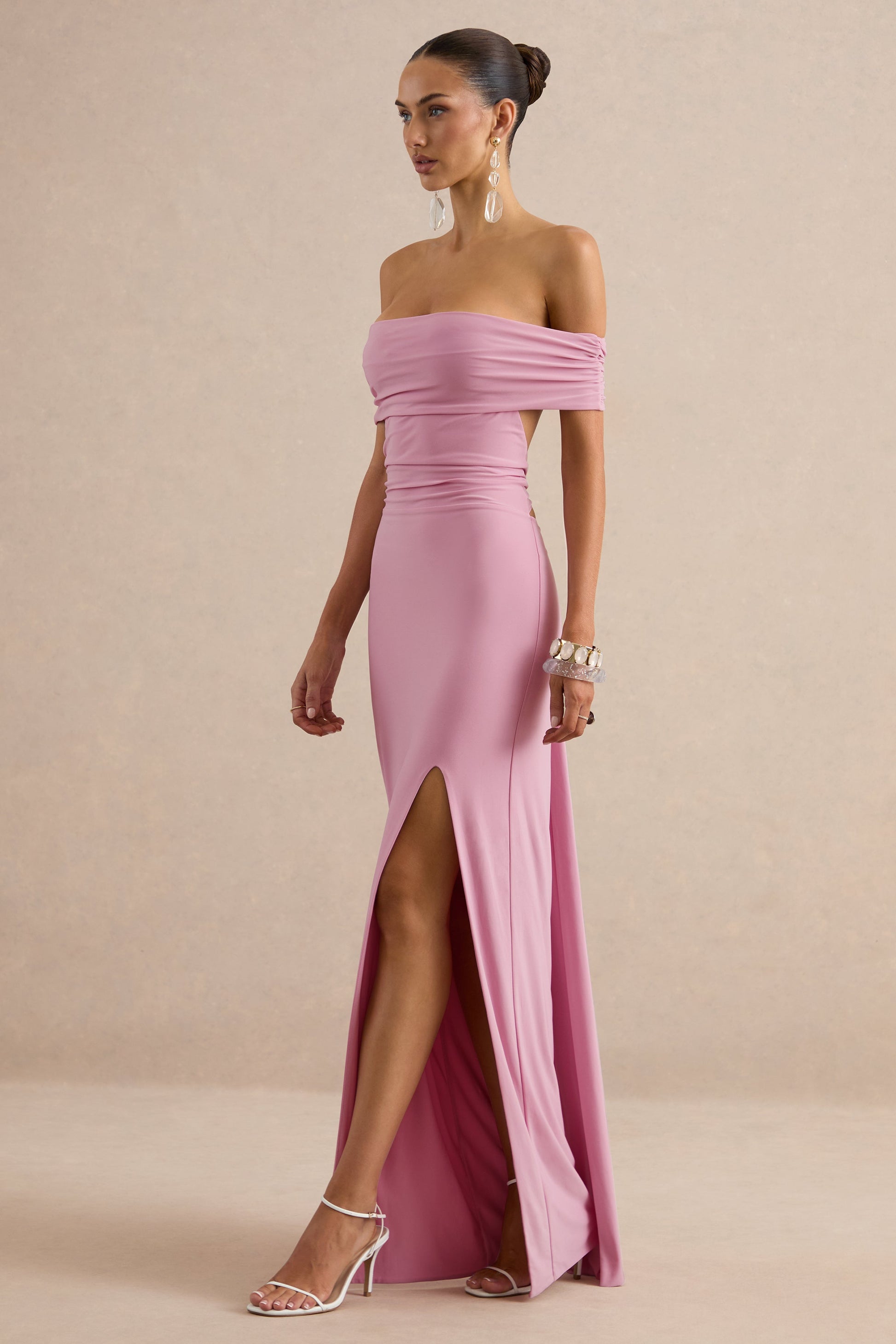 Emari | Pink Bardot-Neck Tie Back Maxi Dress With Front-High Split