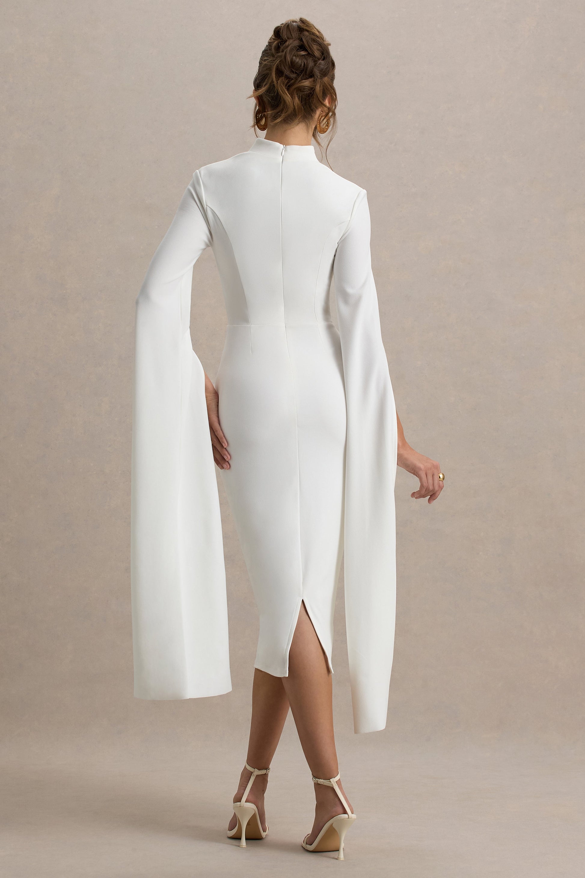 Linden | White Fitted Cape-Sleeve Midi Dress