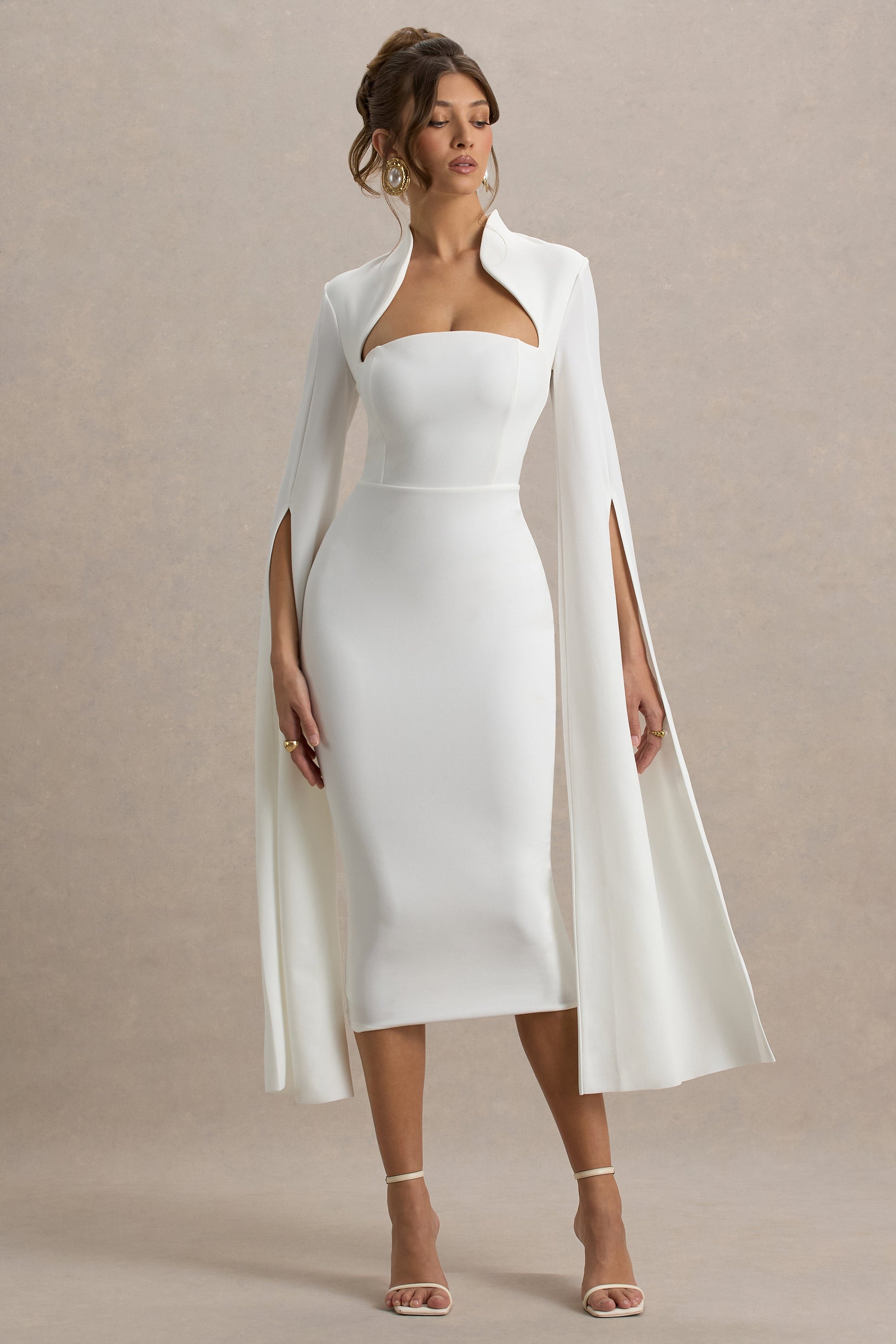 Linden | White Fitted Cape-Sleeve Midi Dress