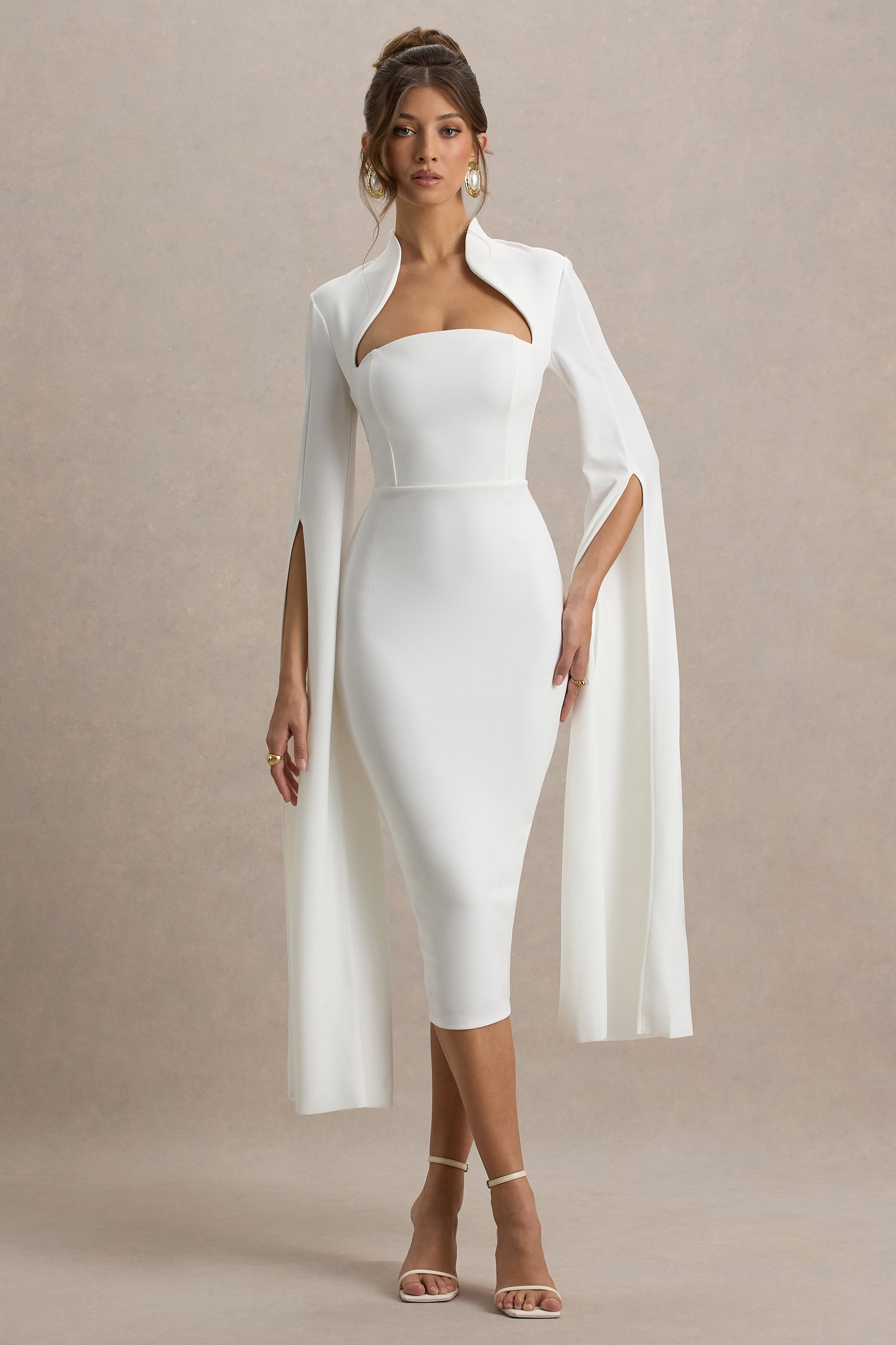 Linden | White Fitted Cape-Sleeve Midi Dress