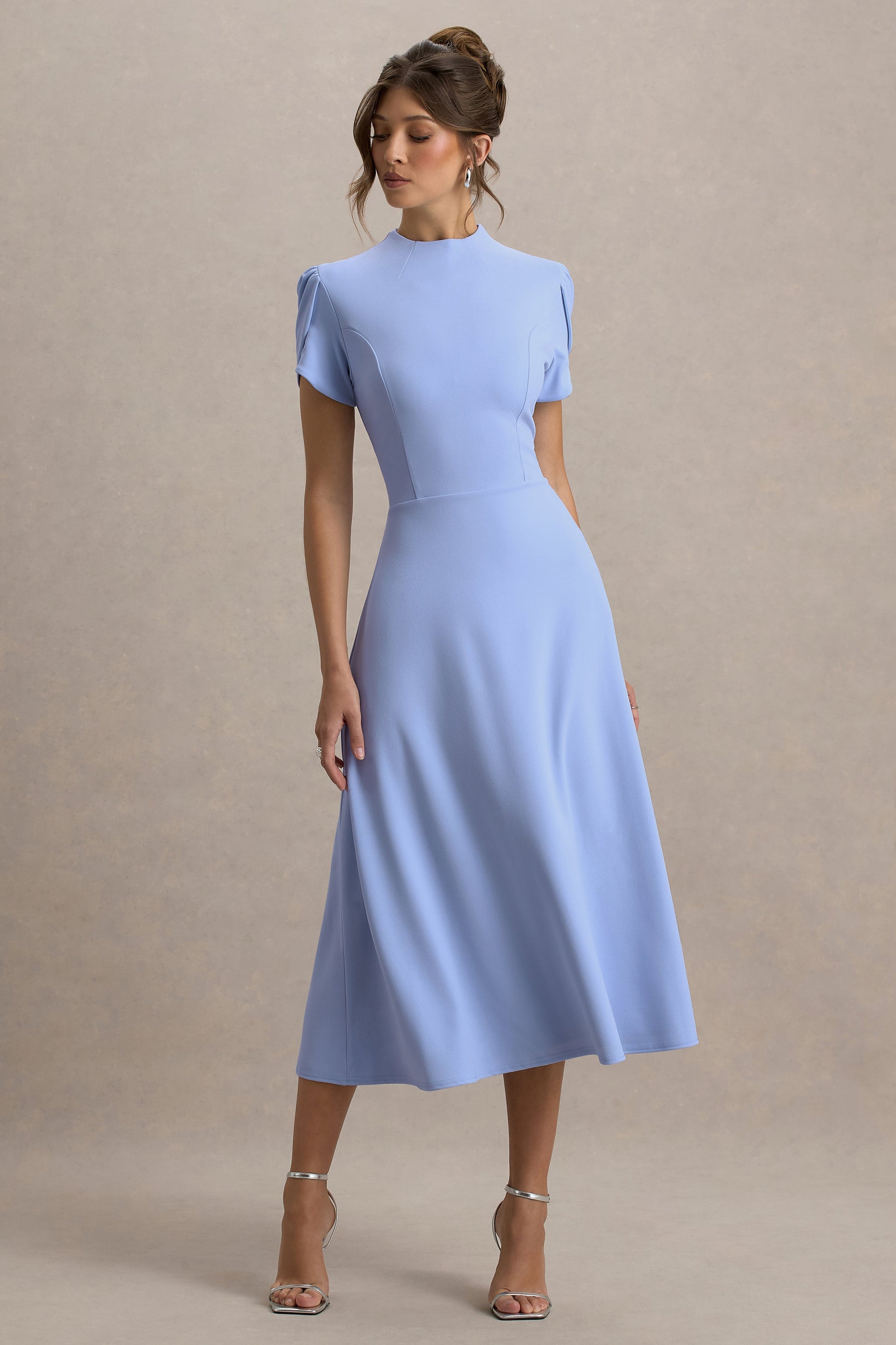 Vicky | Powder Blue High Neck Midi Dress With Puff Sleeves