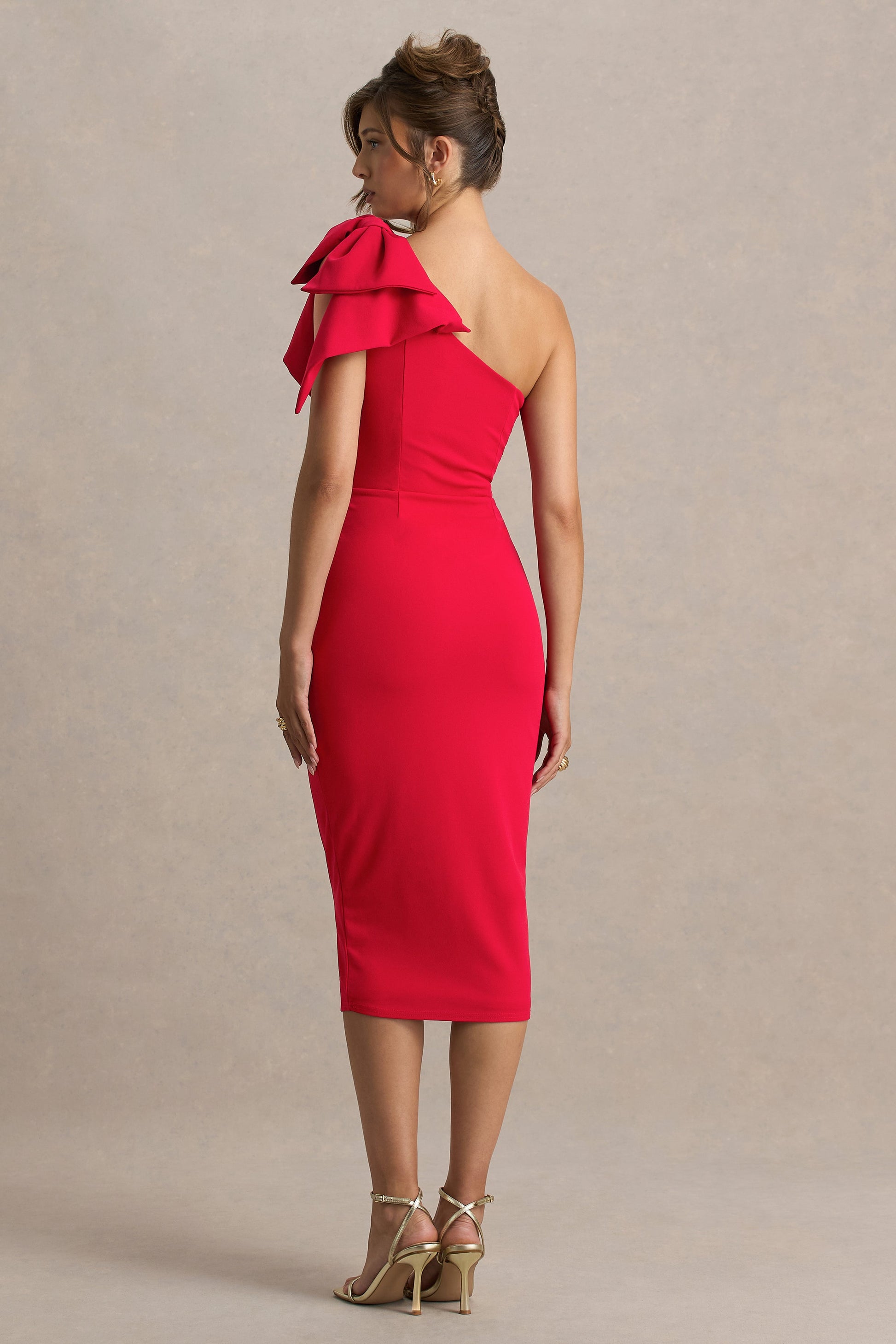 Ambretta | Red One-Shoulder Midi Dress With Bow