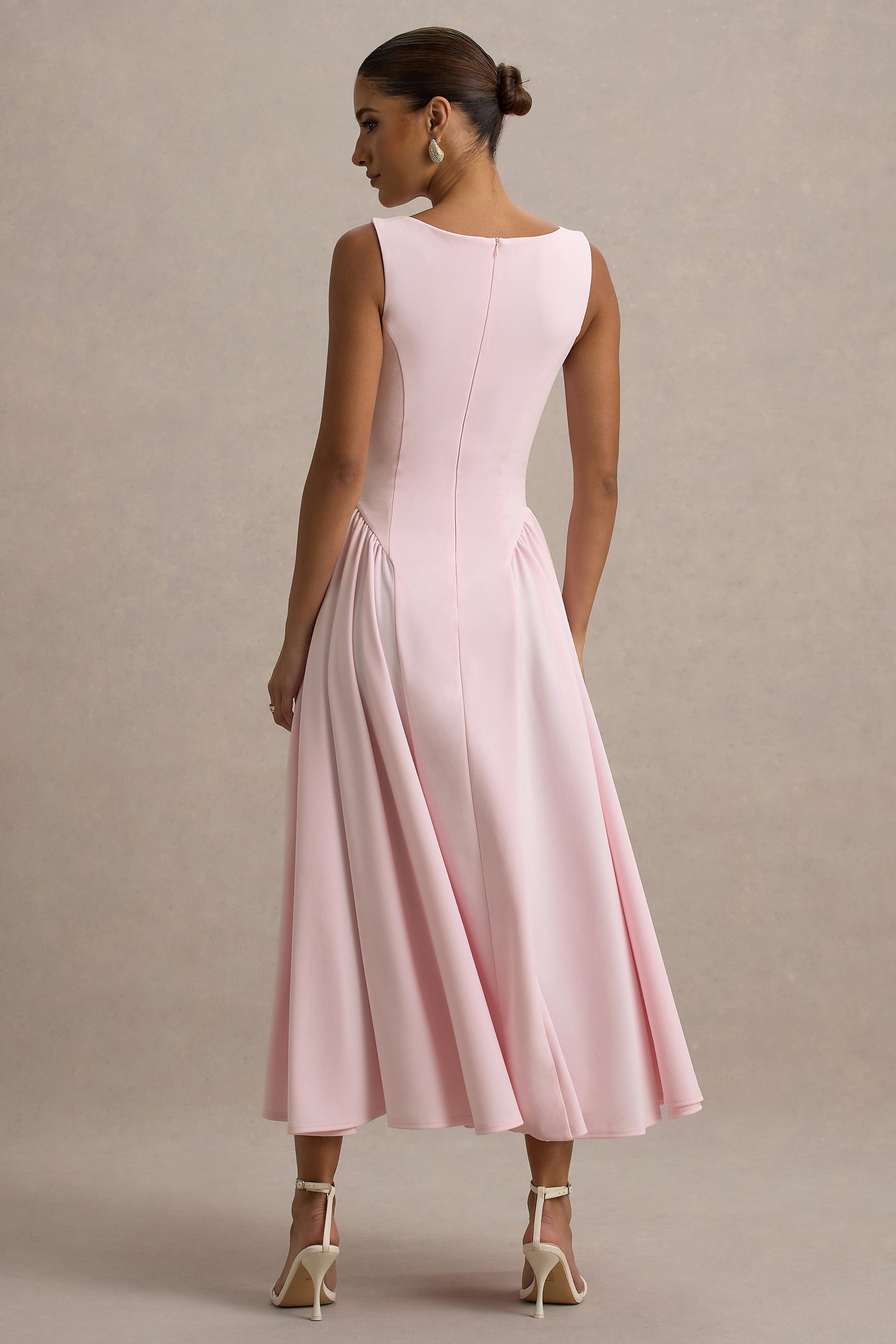 Muriel | Pink Boat-Neck Volume-Hem Midi Dress