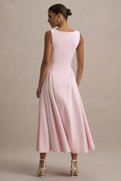 Muriel | Pink Boat-Neck Volume-Hem Midi Dress