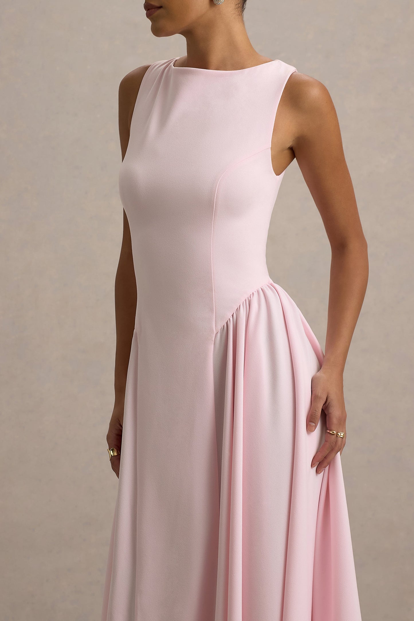 Muriel | Pink Boat-Neck Volume-Hem Midi Dress