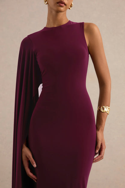 Maravelle | Burgundy Round-Neck Maxi Dress With Cape Sleeve