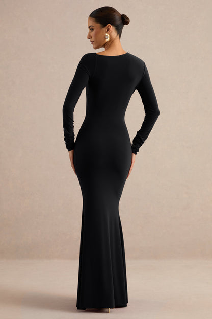 Florabella | Black Asymmetric-Neck Long Sleeve Maxi Dress