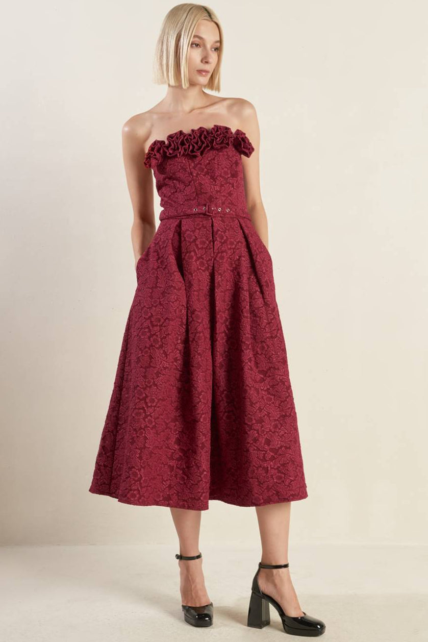ROSETTE DETAIL STRAPLESS BURGUNDY MIDI DRESS