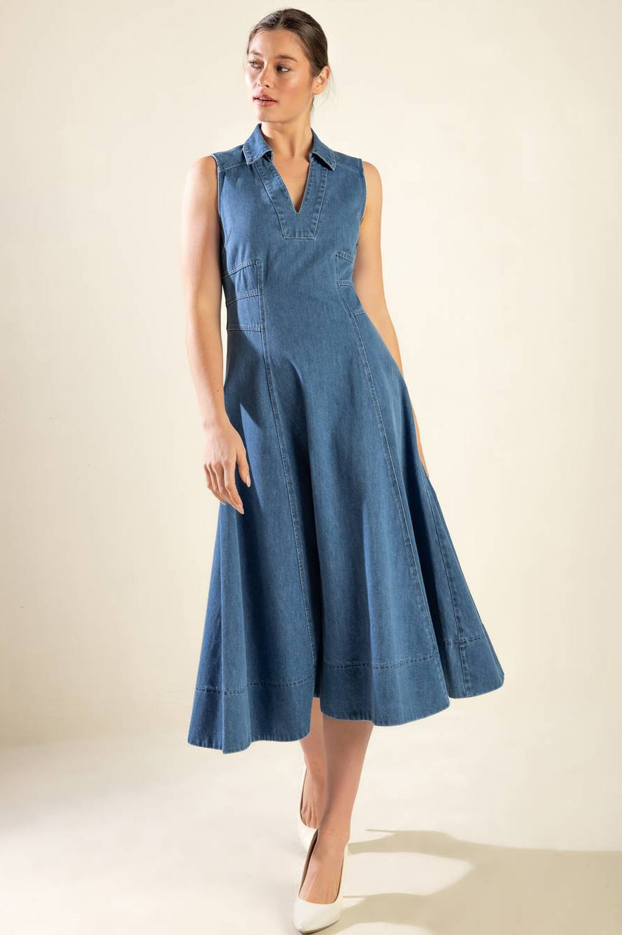 THE GENEVIEVE SHIRT COLLAR DENIM MIDI DRESS