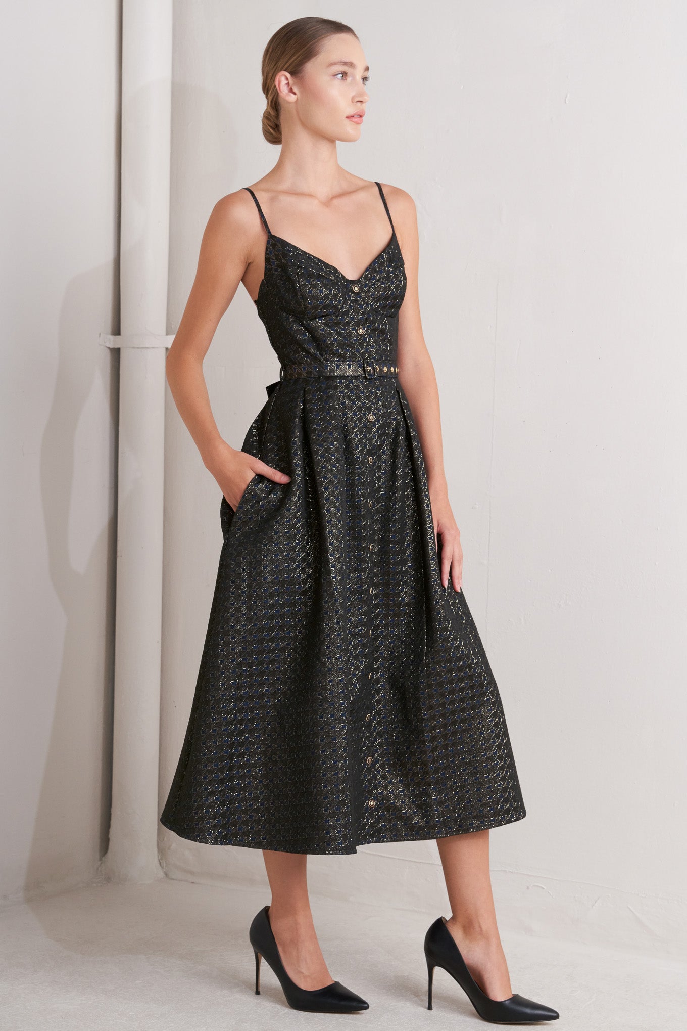 NOIR TAPESTRY NAVY & GOLD MIDI DRESS