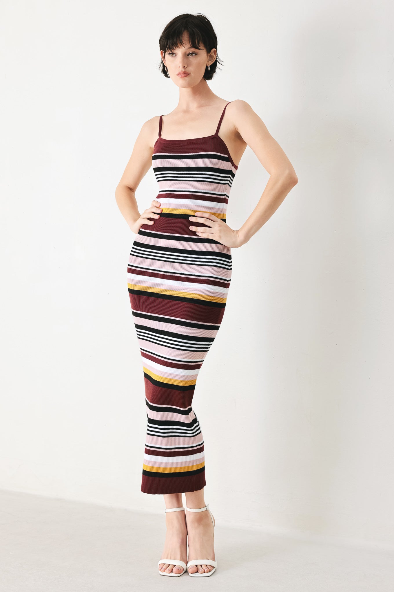BURGUNDY STRIPE SWEATER KNIT MIDI DRESS