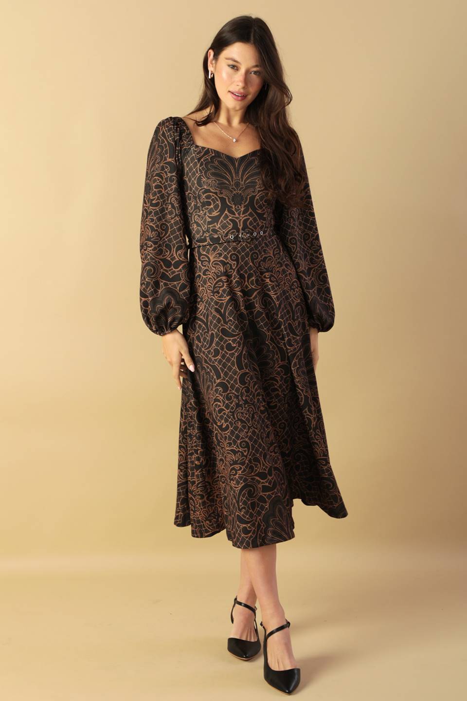RUSTIC ALLURE BROWN MIDI DRESS