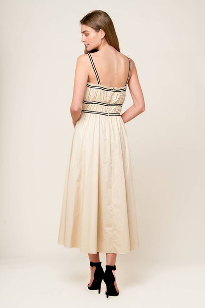 TERRIFIC TIMING BLACK TRIM IVORY MIDI DRESS