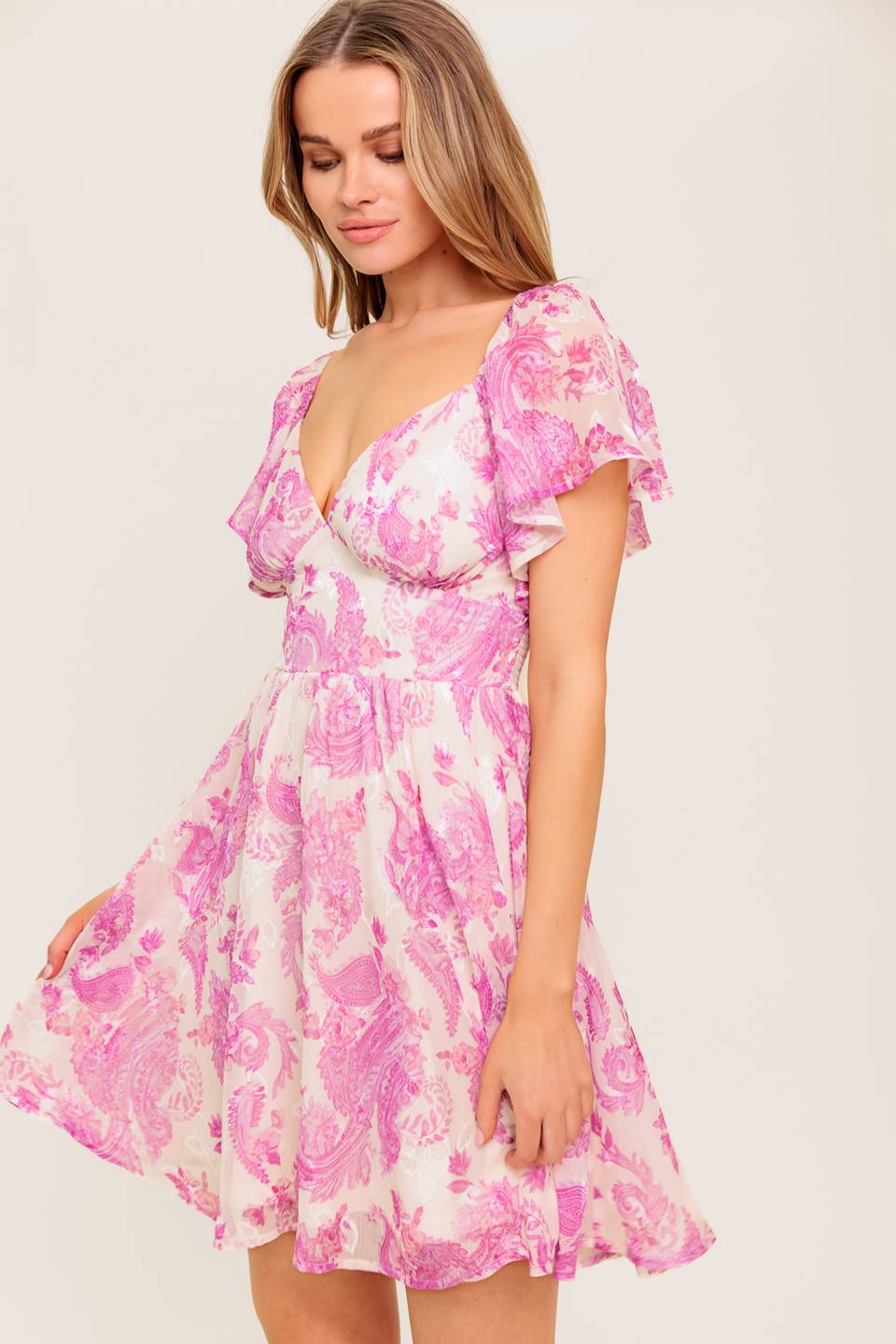 ROMANTIC WALKS FLUTTER SLEEVE MINI DRESS PINK FINAL