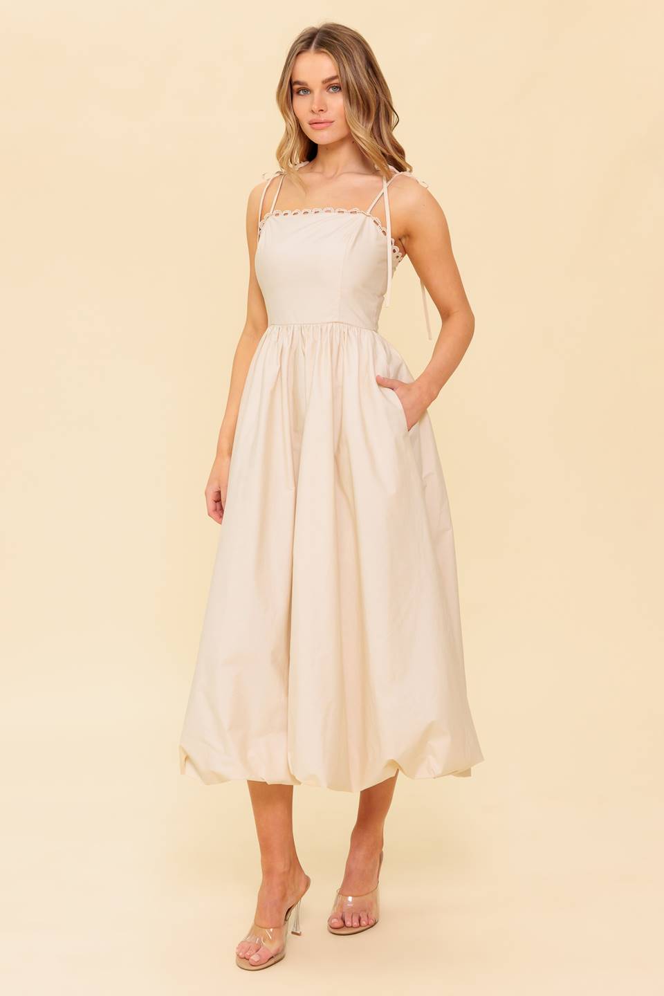 REGAL CUTIE BUBBLE HEM MIDI DRESS CREAM