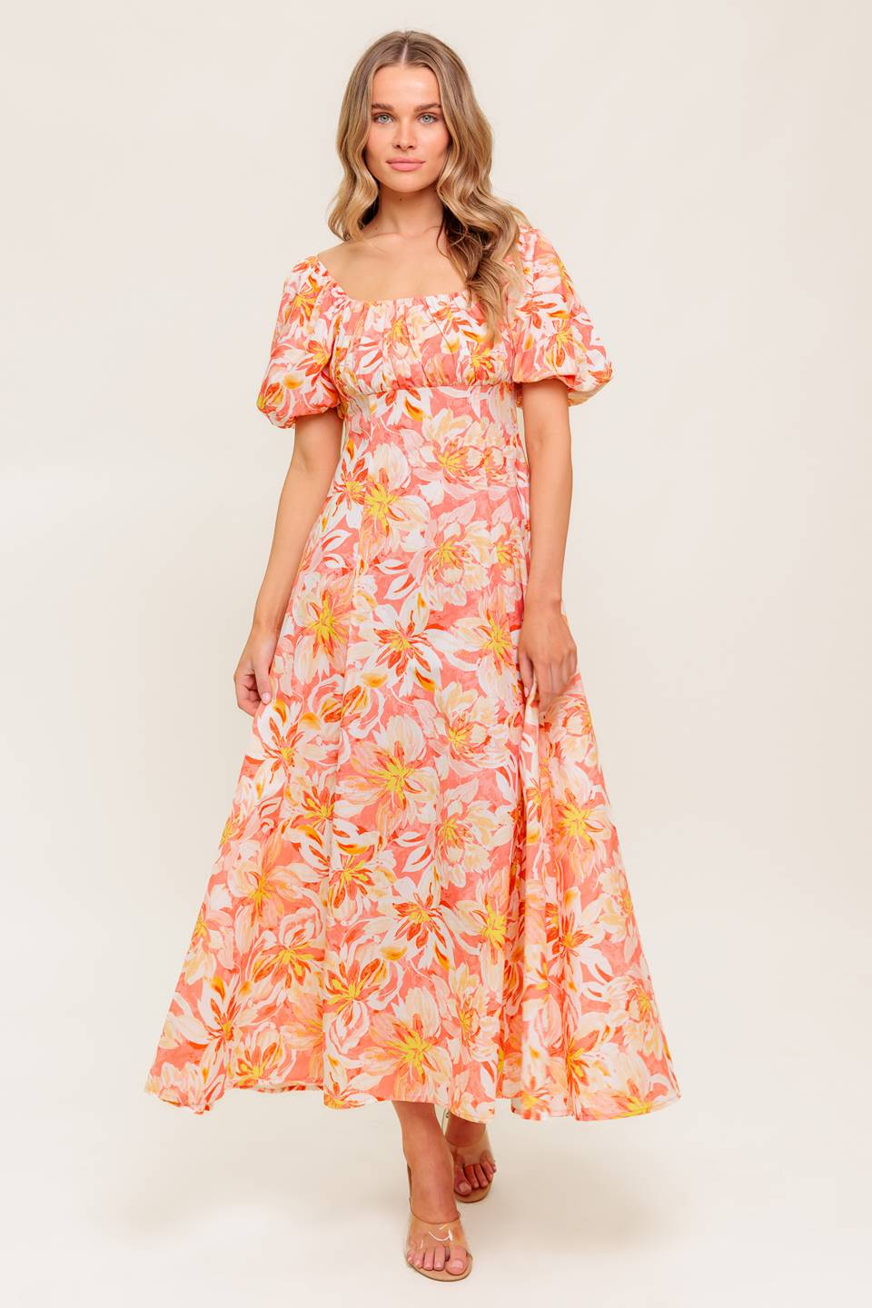 ISLAND FLOWERS PUFF SLEEVE MIDI DRESS CORAL FINAL