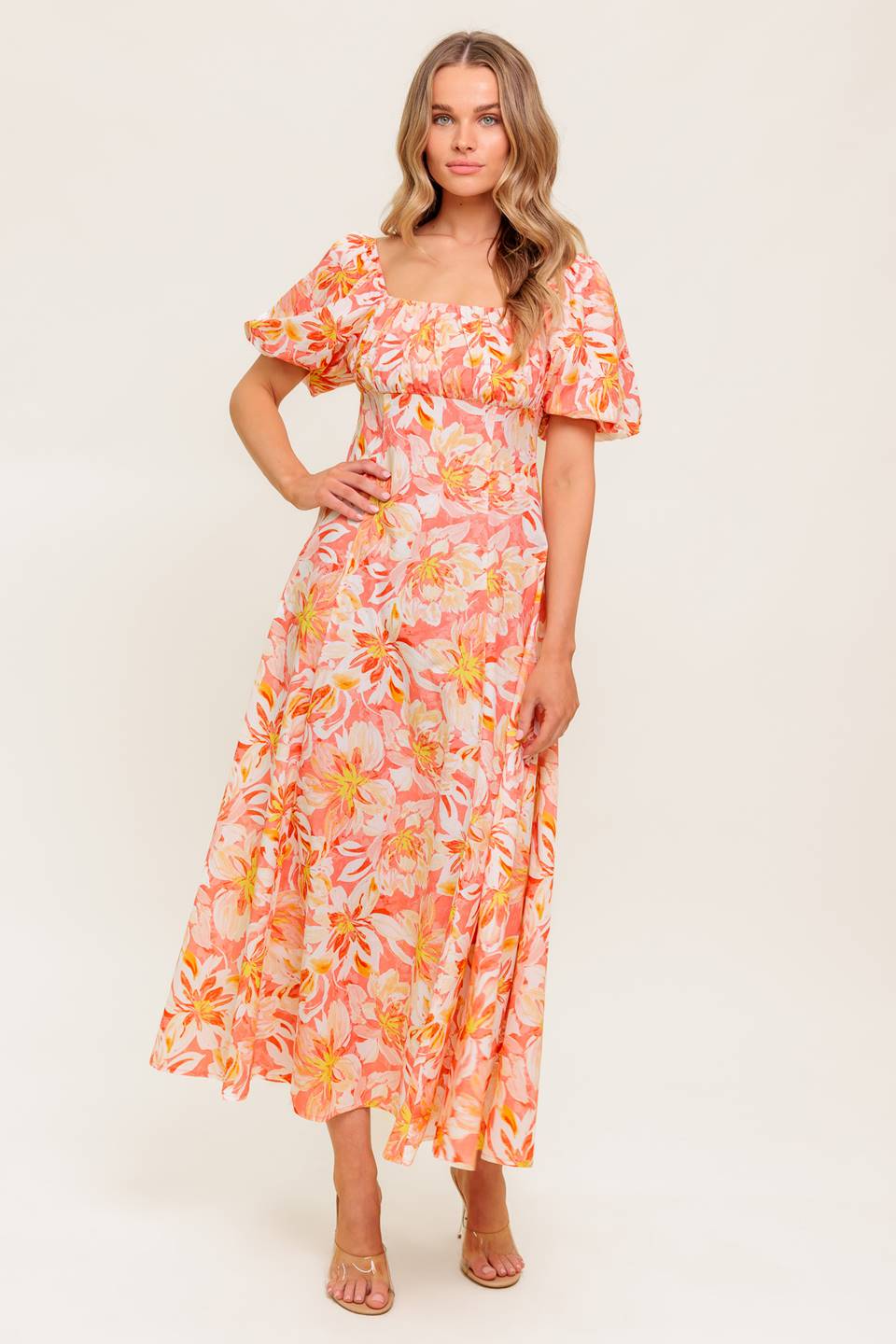 ISLAND FLOWERS PUFF SLEEVE MIDI DRESS CORAL FINAL