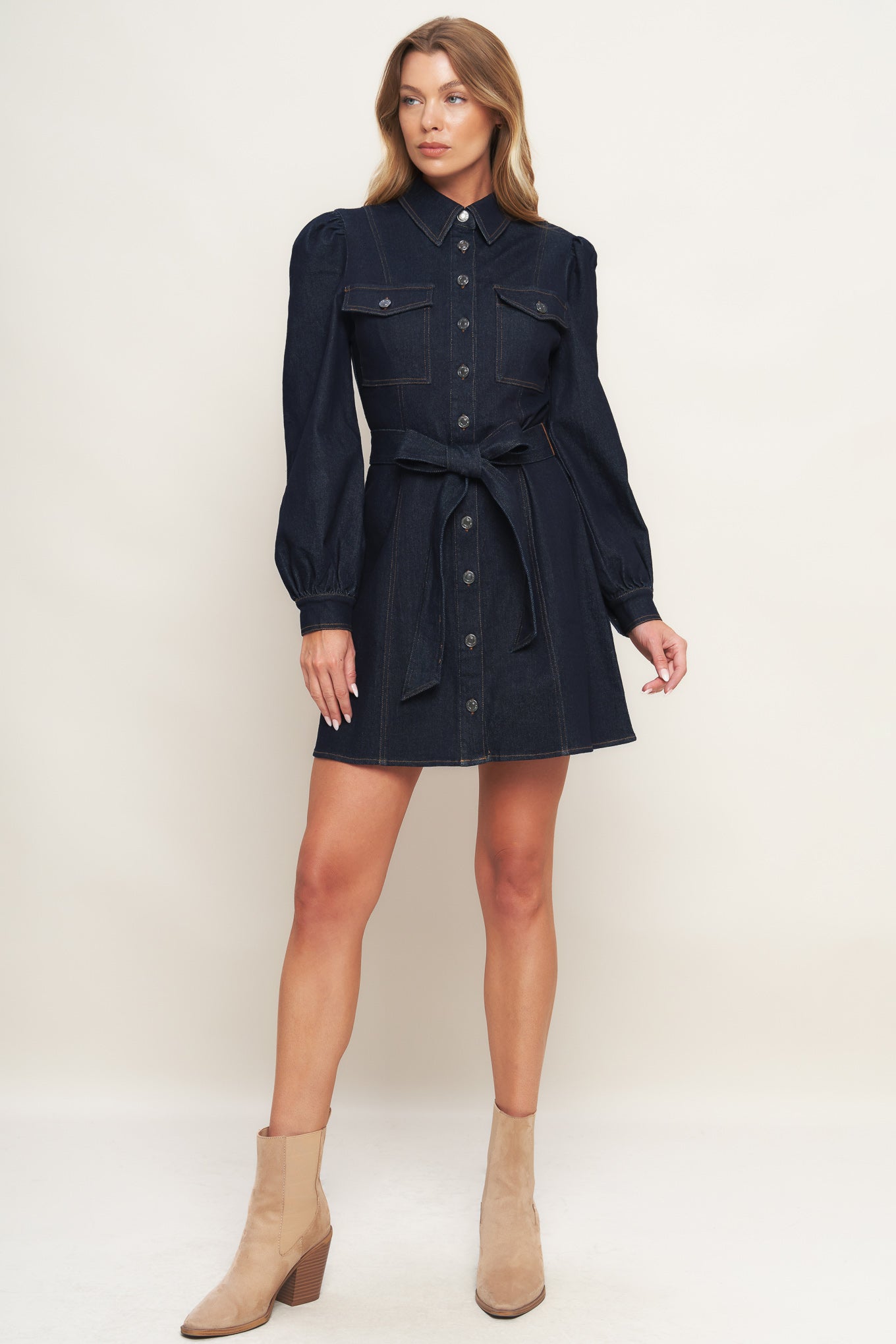 AUTUMN DAYS LONG SLEEVE DARK DENIM MINI DRESS