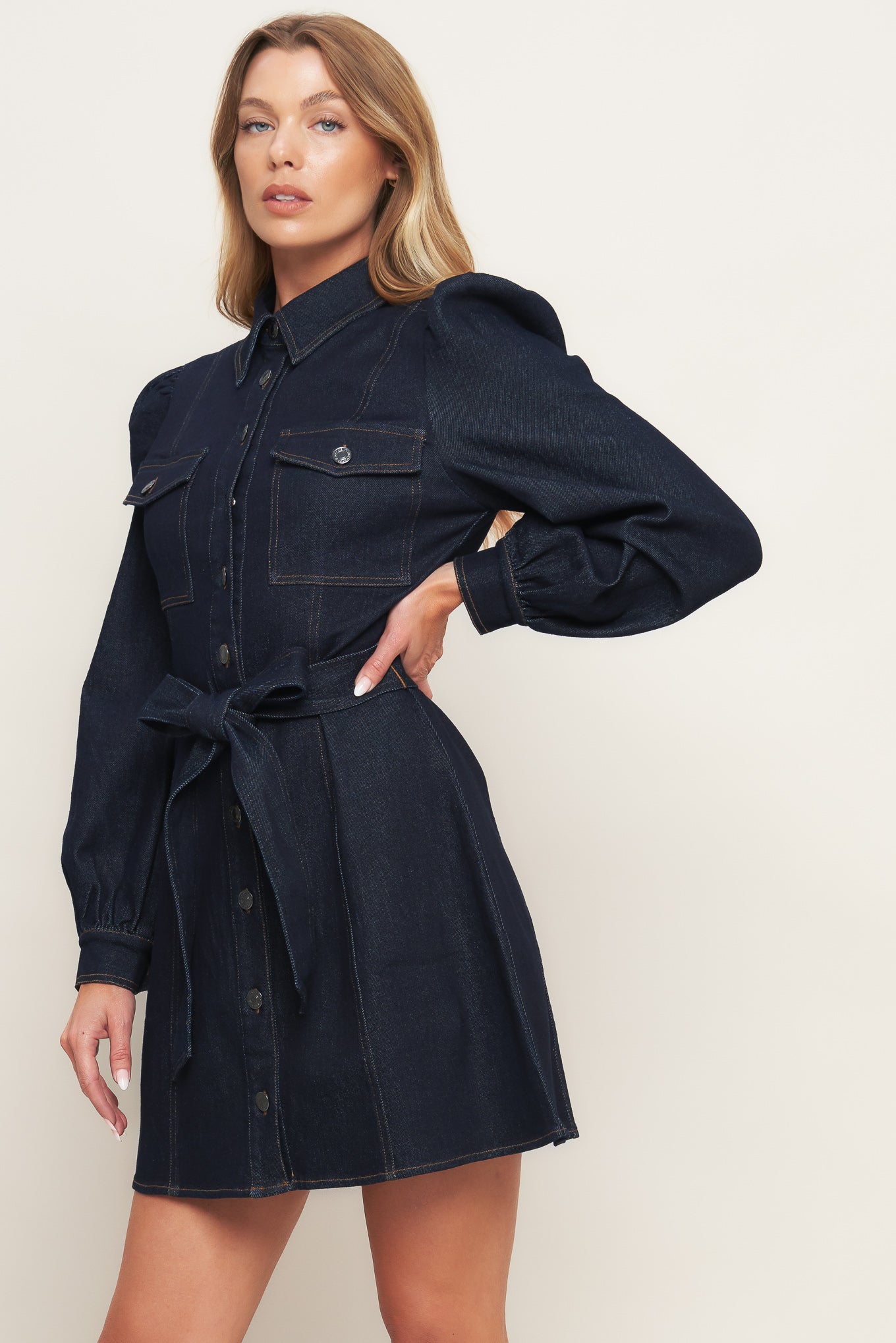 AUTUMN DAYS LONG SLEEVE DARK DENIM MINI DRESS