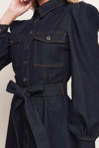 AUTUMN DAYS LONG SLEEVE DARK DENIM MINI DRESS
