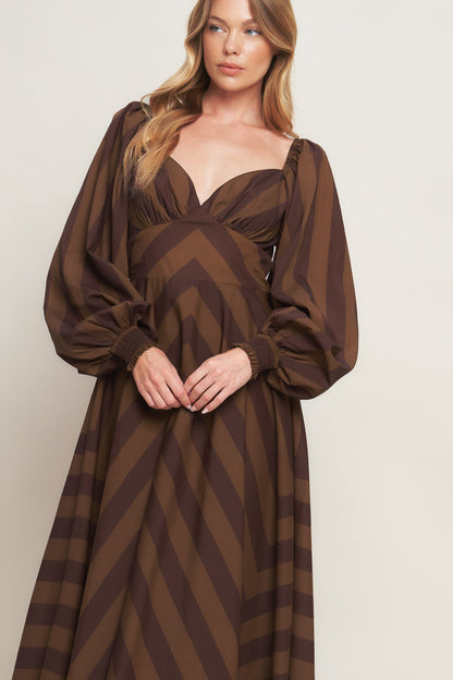 GODDESS BROWN STRIPE LONG SLEEVE MIDI DRESS FINAL