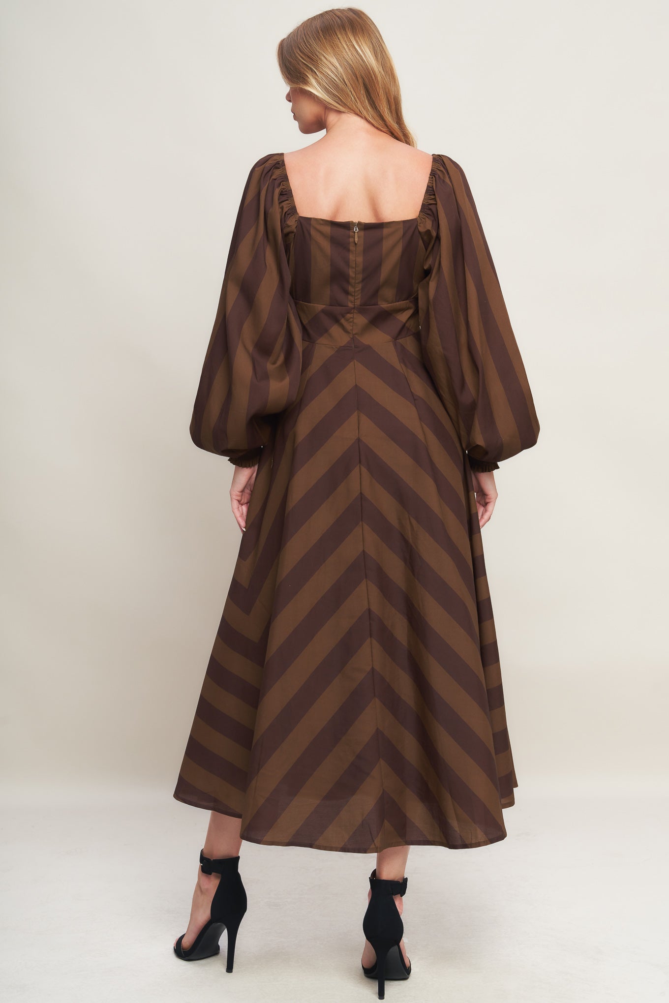 GODDESS BROWN STRIPE LONG SLEEVE MIDI DRESS FINAL