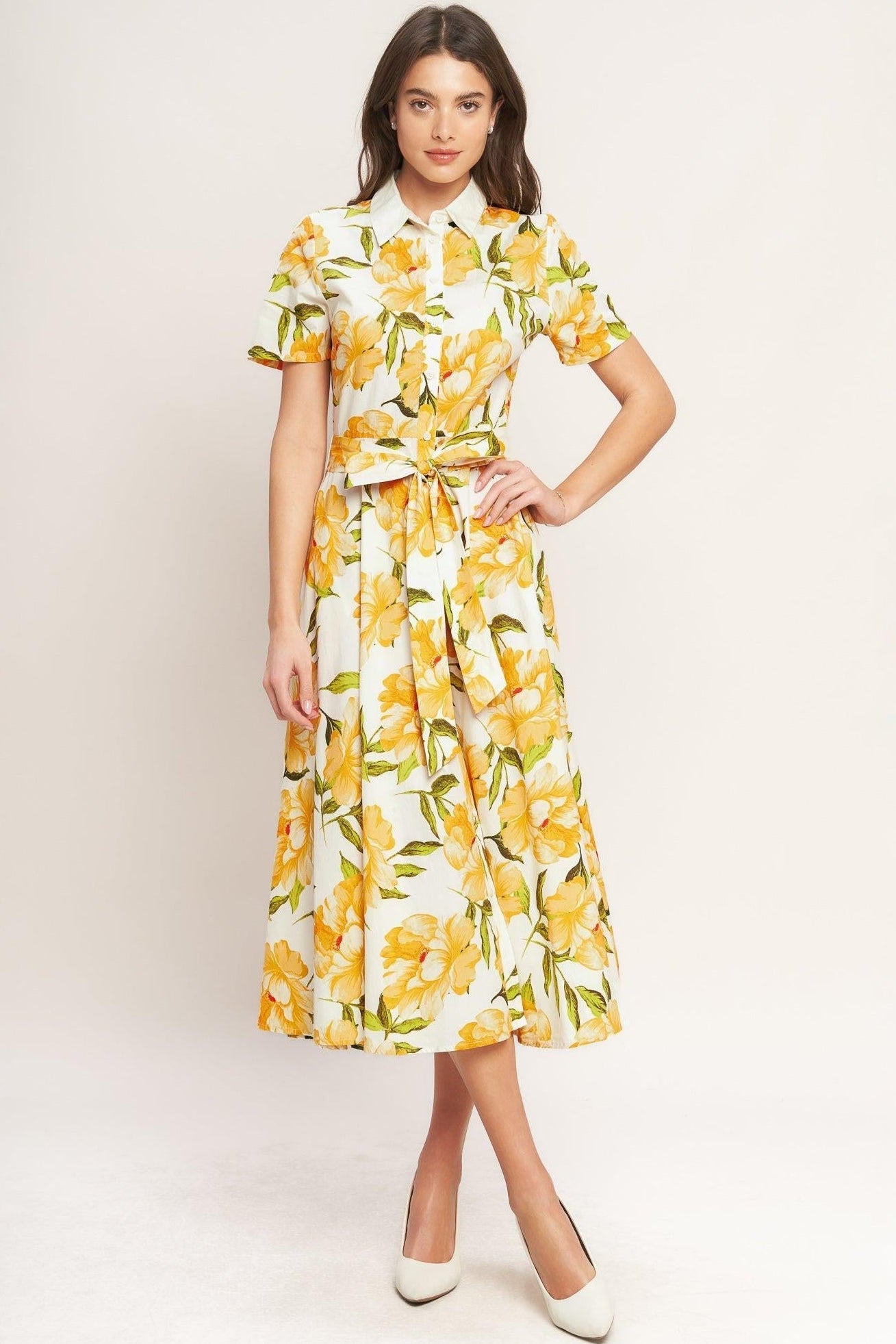 UPLIFTING PALETTE YELLOW FLORAL MIDI DRESS