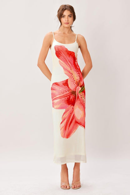 BLOOM STATEMENT POWER MESH CAMI MIDI DRESS
