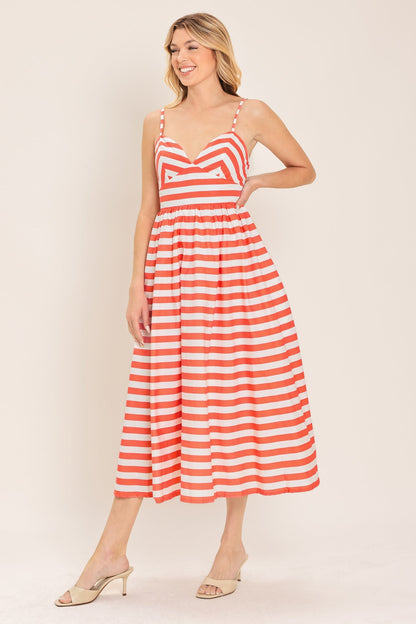 BOARDWALK STRIPE CORAL & WHITE MIDI DRESS