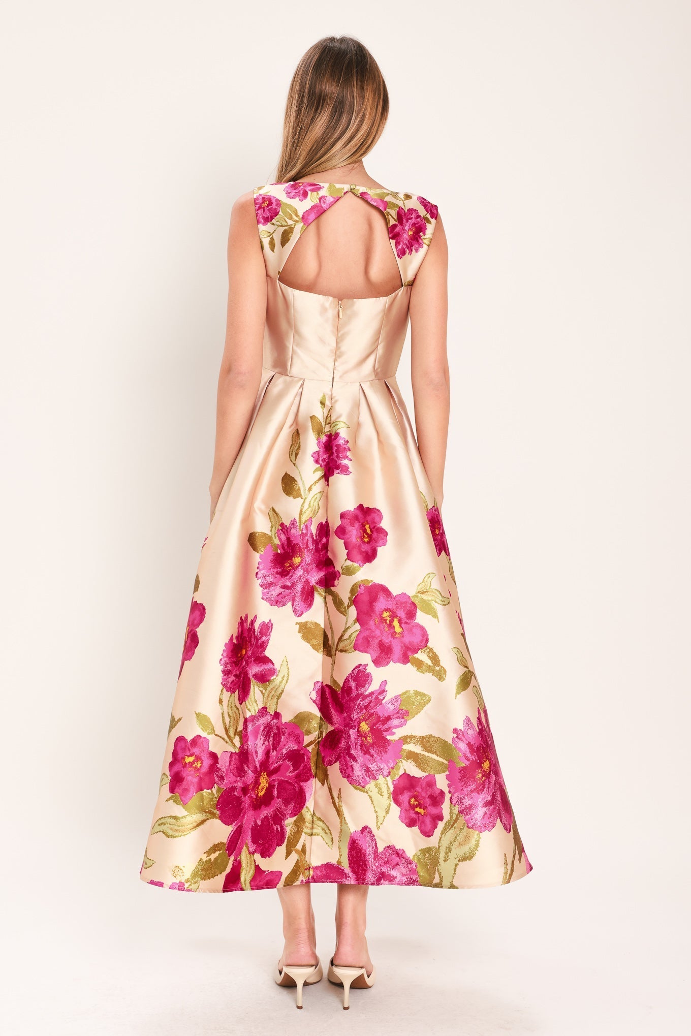 SOFT SATIN FLORAL PINK MIDI DRESS FINAL