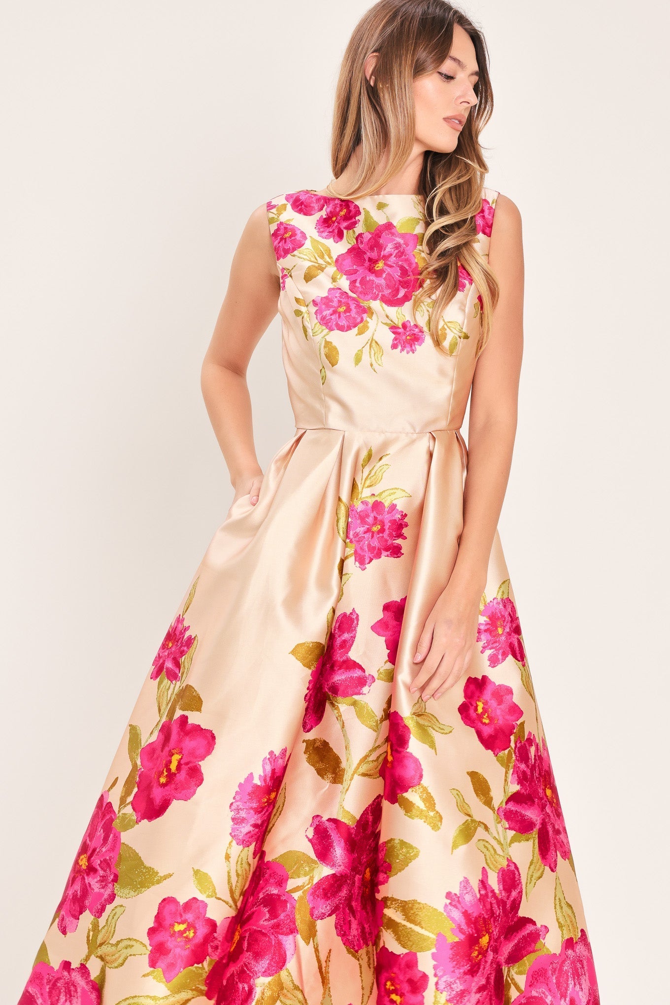 SOFT SATIN FLORAL PINK MIDI DRESS FINAL