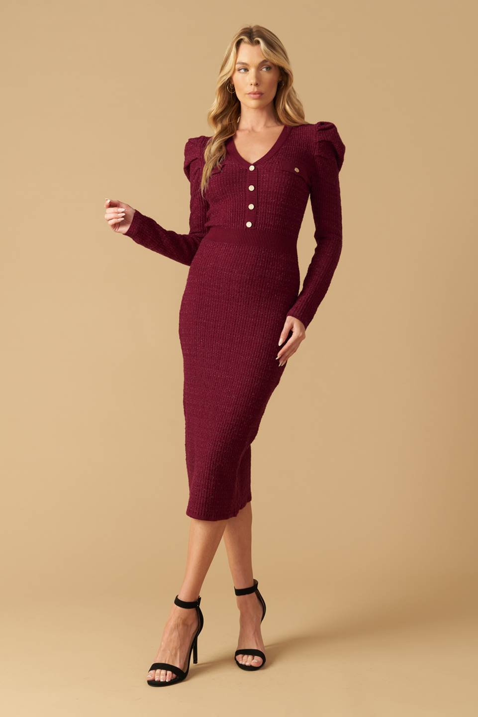 Size Small, YOUNG LOVE BURGUNDY PUFF SLEEVE SWEATER DRESS FINAL