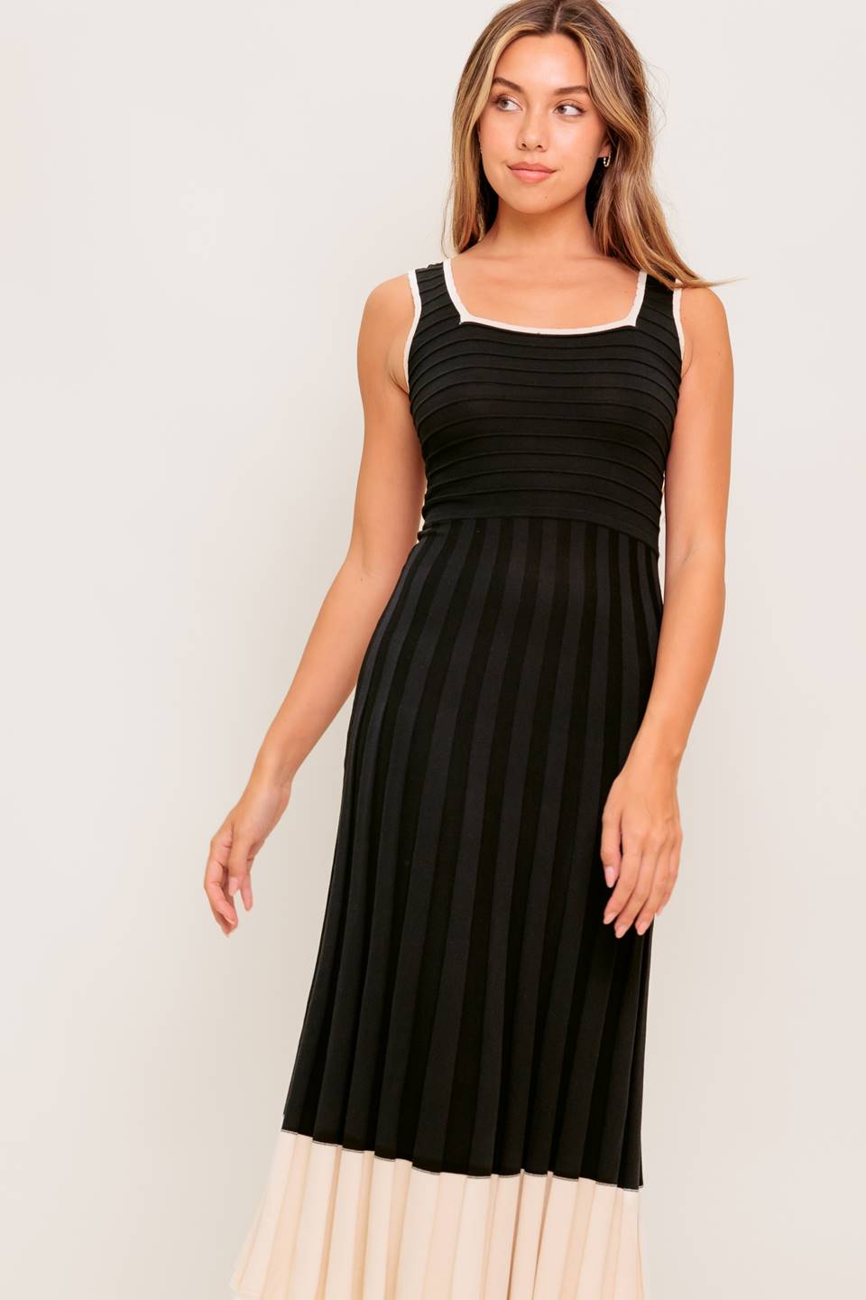 LAUREL BLACK & CREAM SWEATER MIDI DRESS
