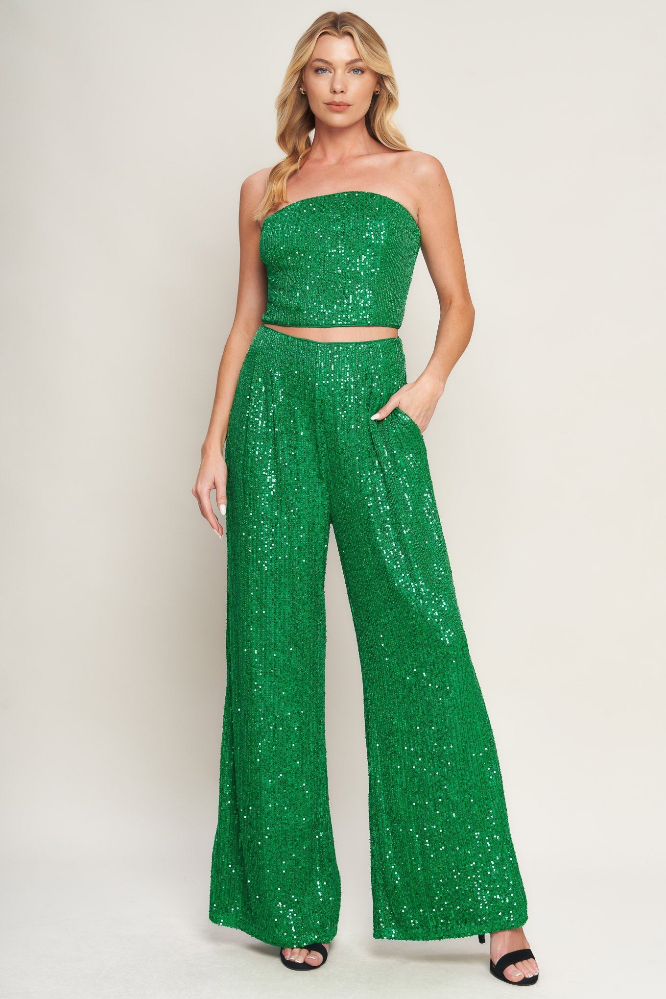 CHARMING COMPOSURE SPARKLY SEQUIN CROP TOP & PANT SET