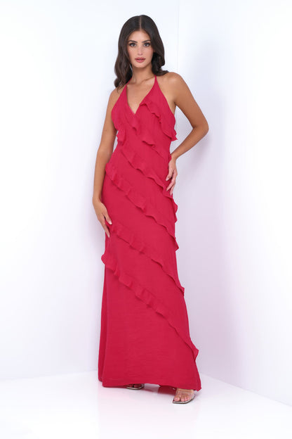 Remi Red Maxi Dress Halter Neck, Open Back, Ruffle Detail