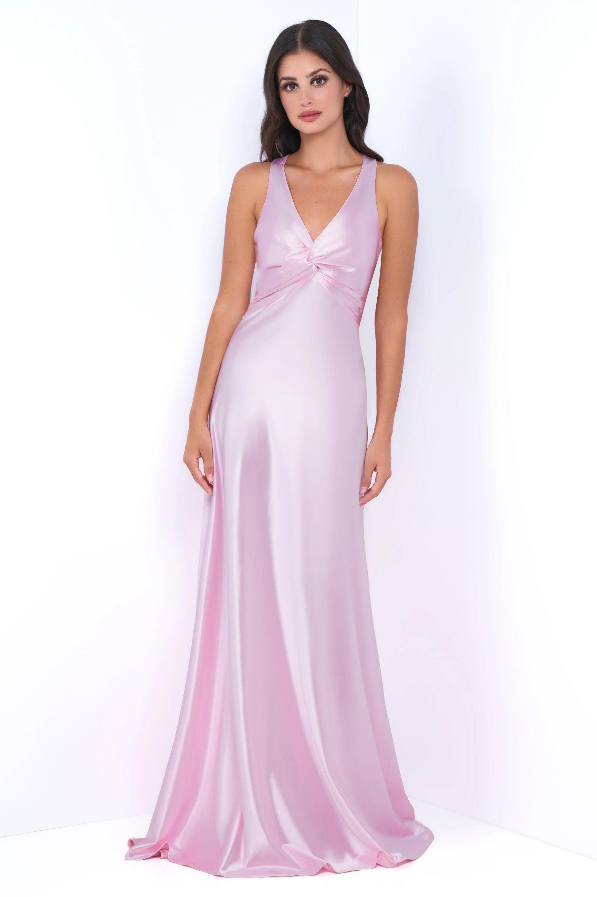 Odette Maxi Dress Pink Open Back With Adjustable Bow Tie Detail