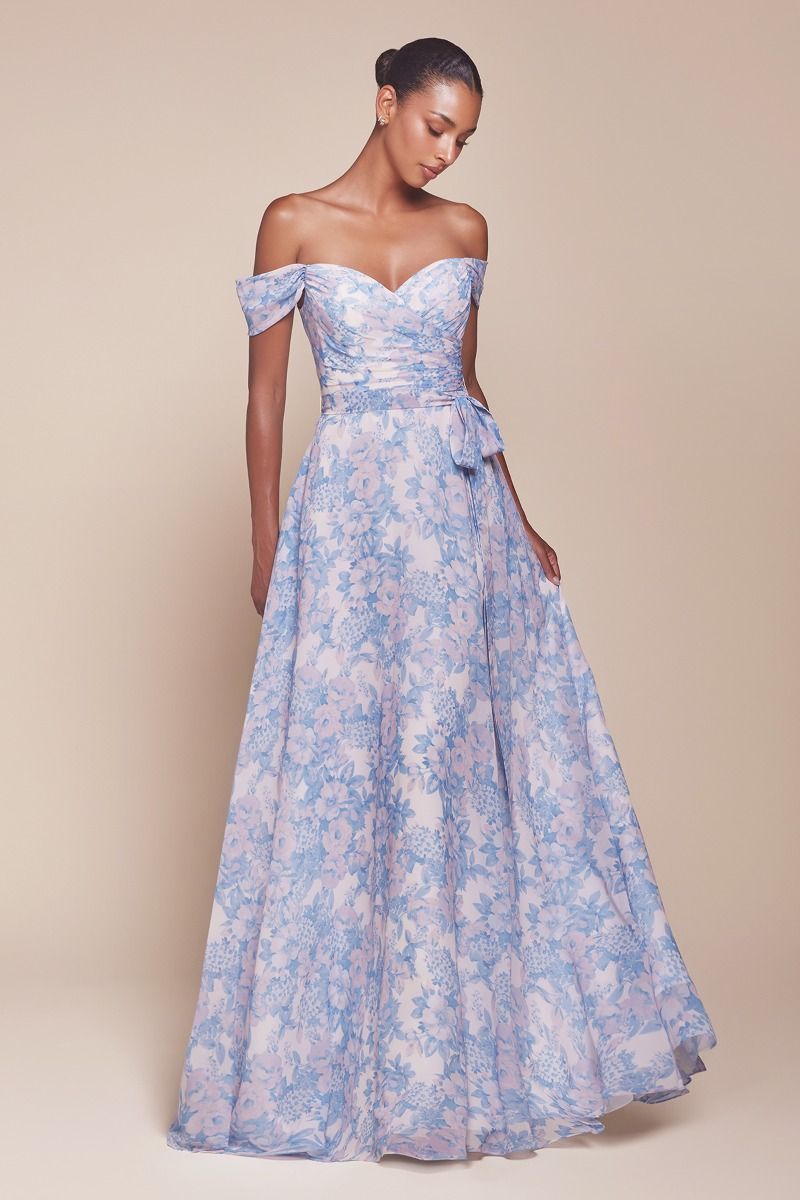 TILDA GOWN BLUE OFF THE SHOULDER FLORAL PRINTED A- DRESS