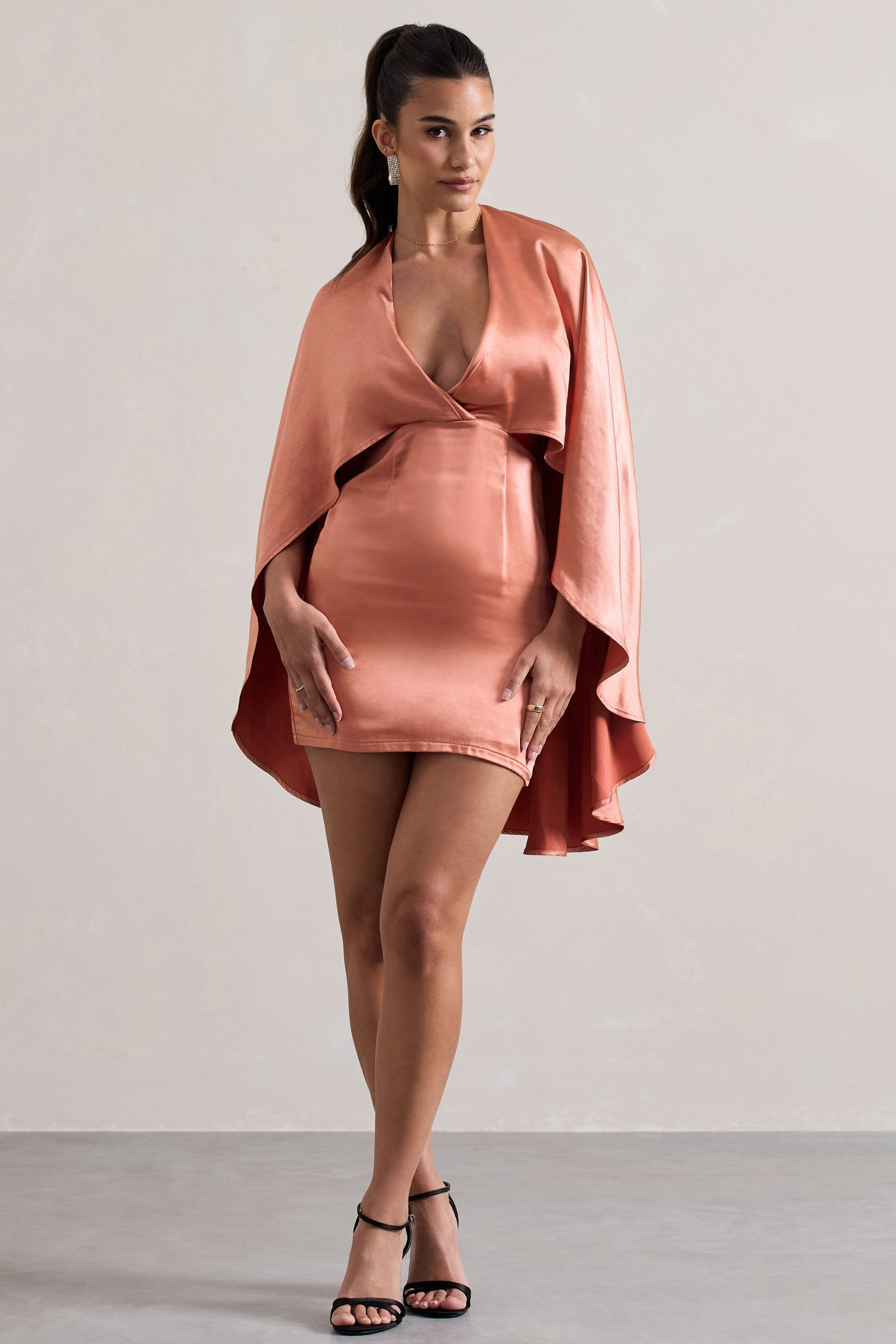 Olsen | Coral Satin Plunge-Neck Cape Mini Dress